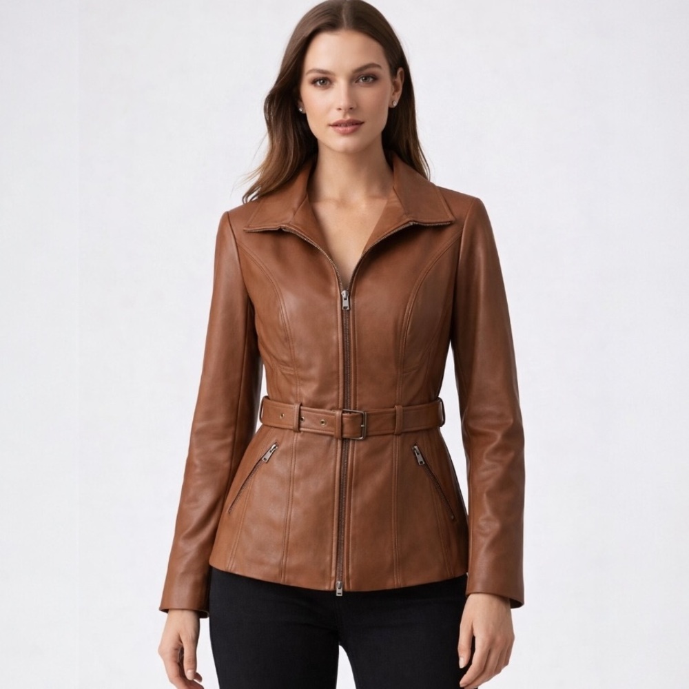 Kenneth Cole New York Belted Faux Leather Jacket Brown Size L NWT